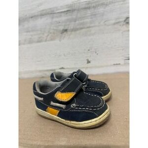 Jumping Jack Boat Shoes Boys 5.5W Navy Yellow Hook Loop Loafers Wide